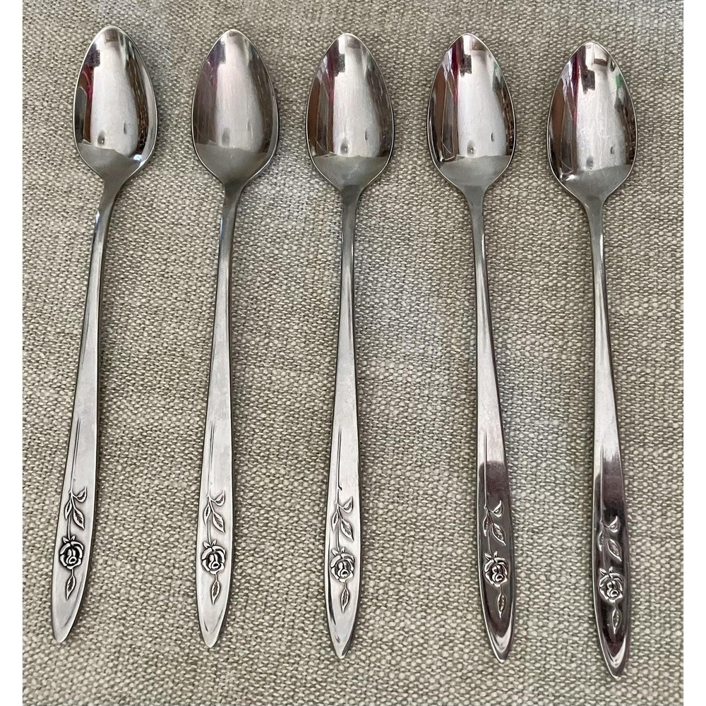 Oneida Community Stainless My Rose Iced Tea Spoons Set of 5 Silverware 7.5"